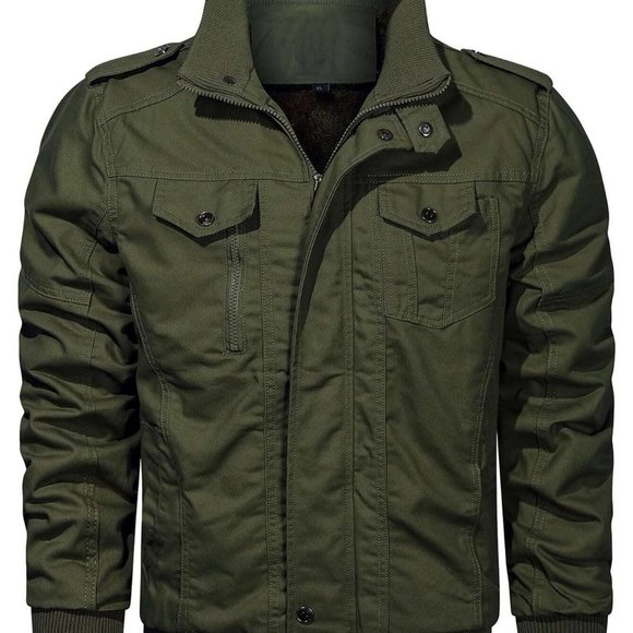 Casual Army Green Teddy Lined Men's Jacket Zipper - Picture 4 of 8